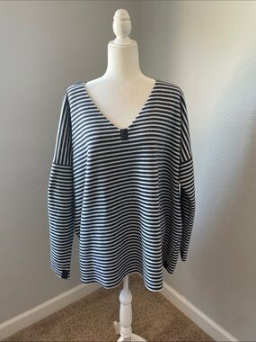 Henriette Steffensen Copenhagen Blue White Striped Fleece V Neck Sweater Medium